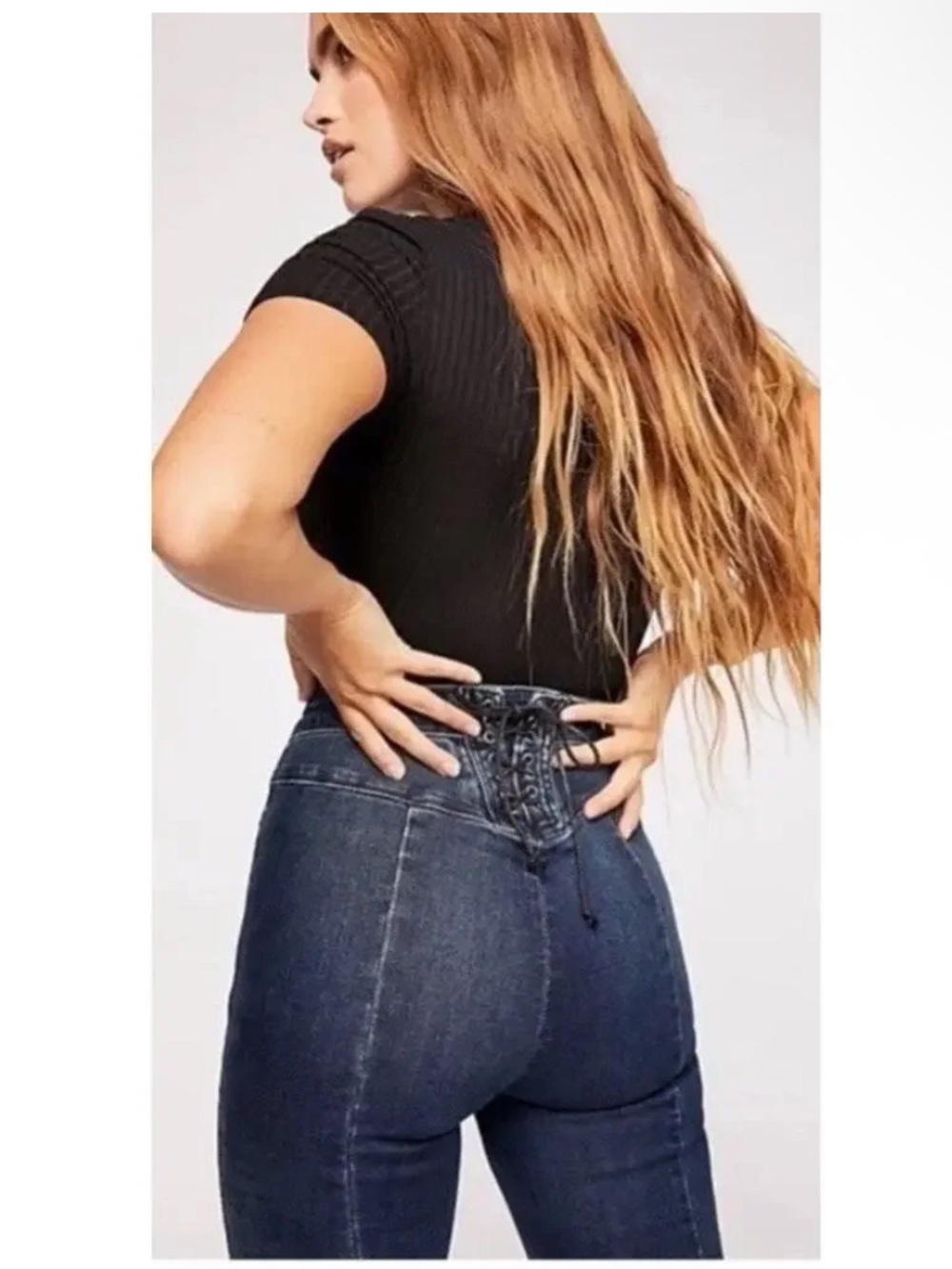 Free People High-Rise Lace-Up Back Dark Blue Jeans